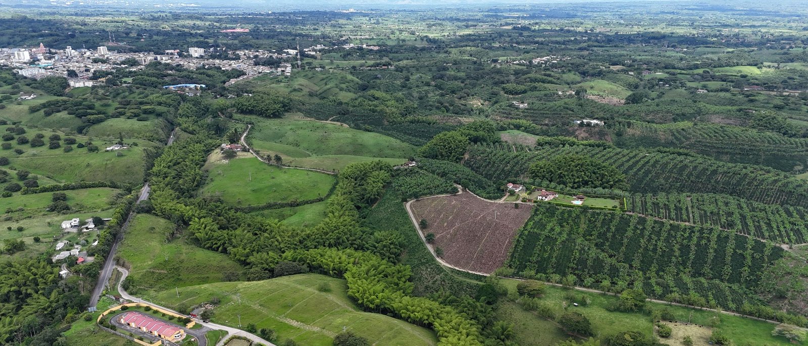 Guaduales, potreros y el casco urbano de Quimbaya desde el aire